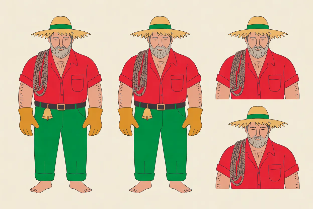 The Ferry Pilot character sheet on a warm cream background: two identical full-length front views and two head-and-shoulders close-ups, all with the same calm, closed-mouth expression and lowered eyes. In every view he has a gray beard under a frayed straw hat with a green band and wears a red short-sleeved shirt with a coil of rope over one shoulder; the full-length views add a black belt with a small brass bell, yellow work gloves, green trousers rolled at the ankle and bare feet.