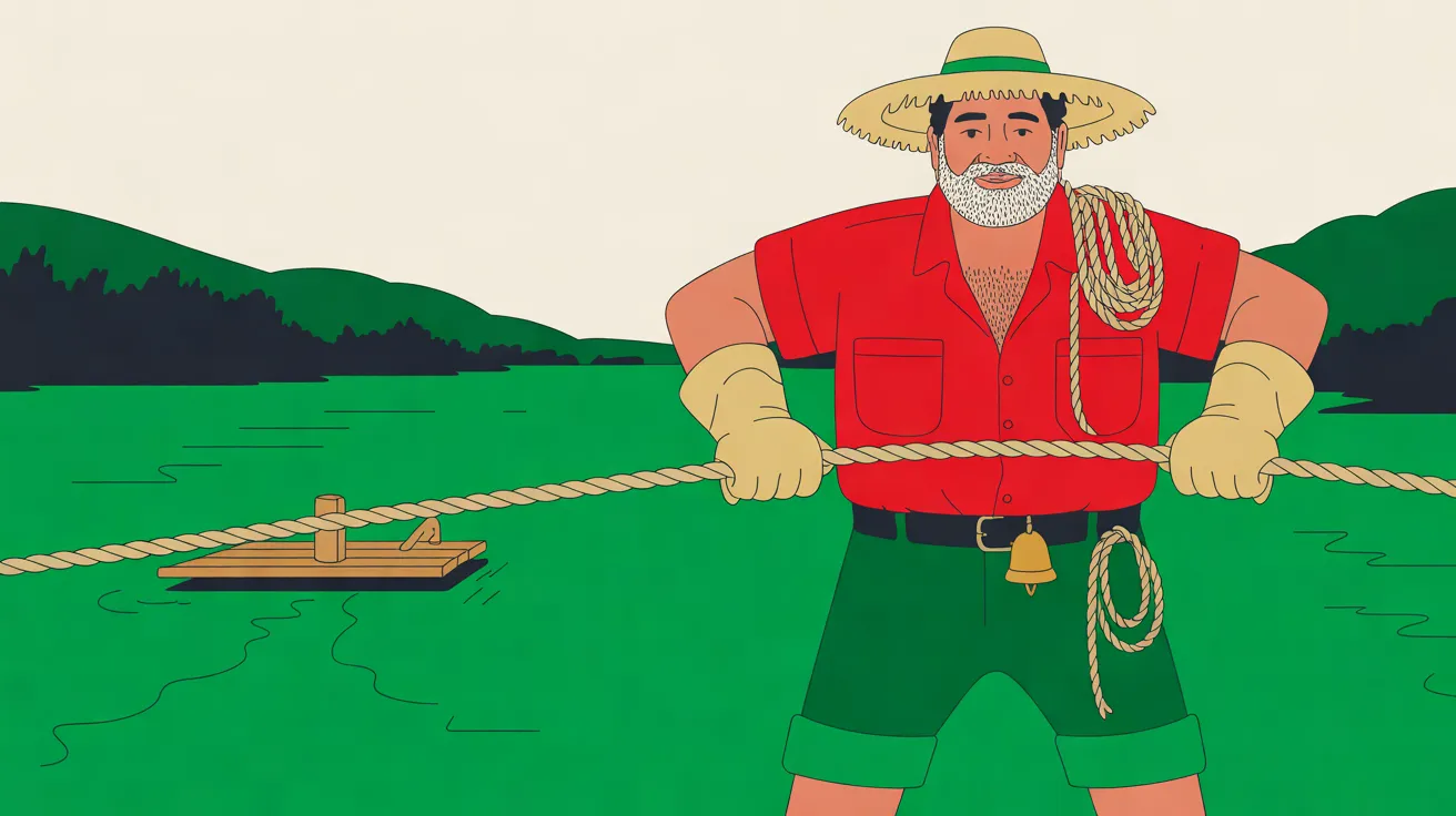 The Ferry Pilot, a big man with black hair and a white-flecked beard in a frayed straw hat with a green band, stands at the right facing the viewer, shown from the shins up, gripping a thick rope that runs across the picture in both gloved hands. He wears a red short-sleeved shirt, green shorts rolled at the knee and a black belt with a small brass bell, with a coil of rope over one shoulder and another hanging at his hip. To the left an empty wooden raft with a short post floats on a bright green river below dark tree-covered hills and a cream sky.