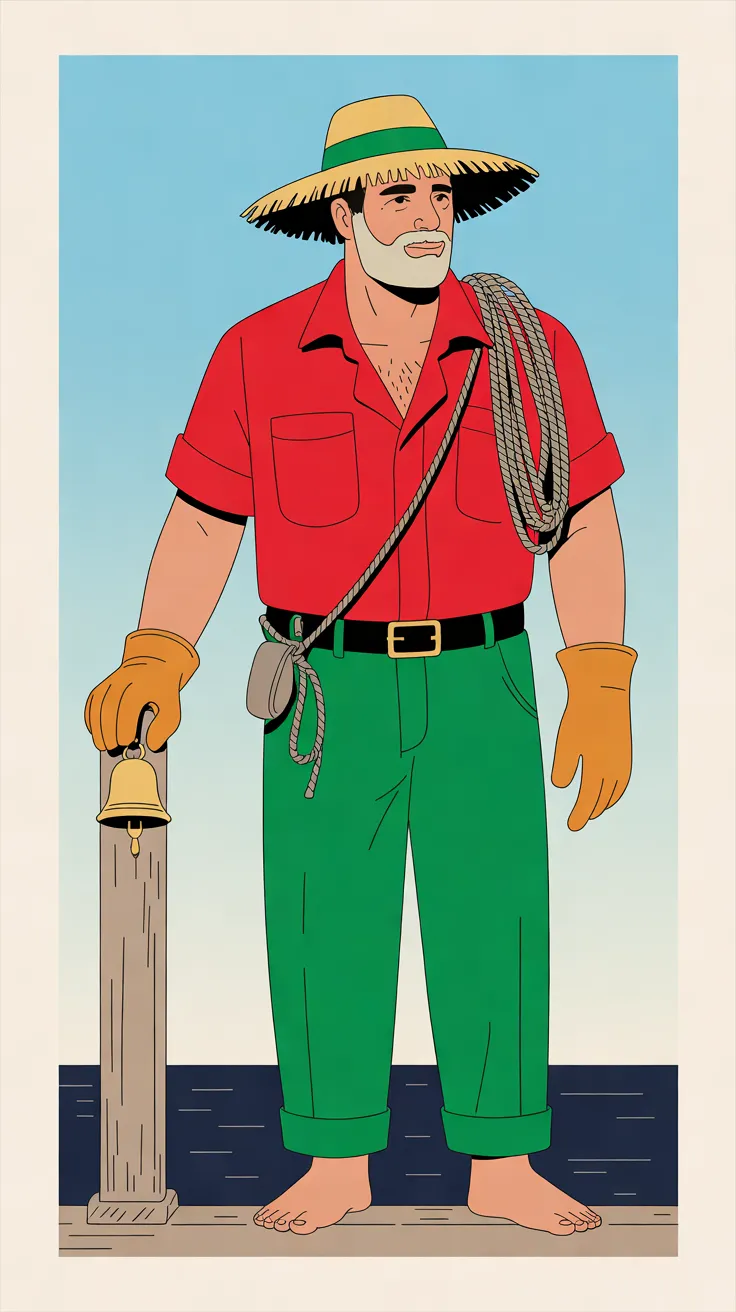 The Ferry Pilot stands full length and barefoot on a plank landing, facing the viewer, one gloved hand resting on top of a weathered wooden post with a small brass bell hanging from it. He has black hair and a pale beard under a frayed straw hat with a green band, and wears a red short-sleeved shirt, green trousers rolled at the ankle and yellow work gloves, with a coil of rope over one shoulder and a cord across his chest to a small pouch at his hip. Behind him are dark blue water and a pale blue sky, framed by a cream border.